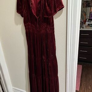 Anthropologie Deep Red Velvet Maxi Dress